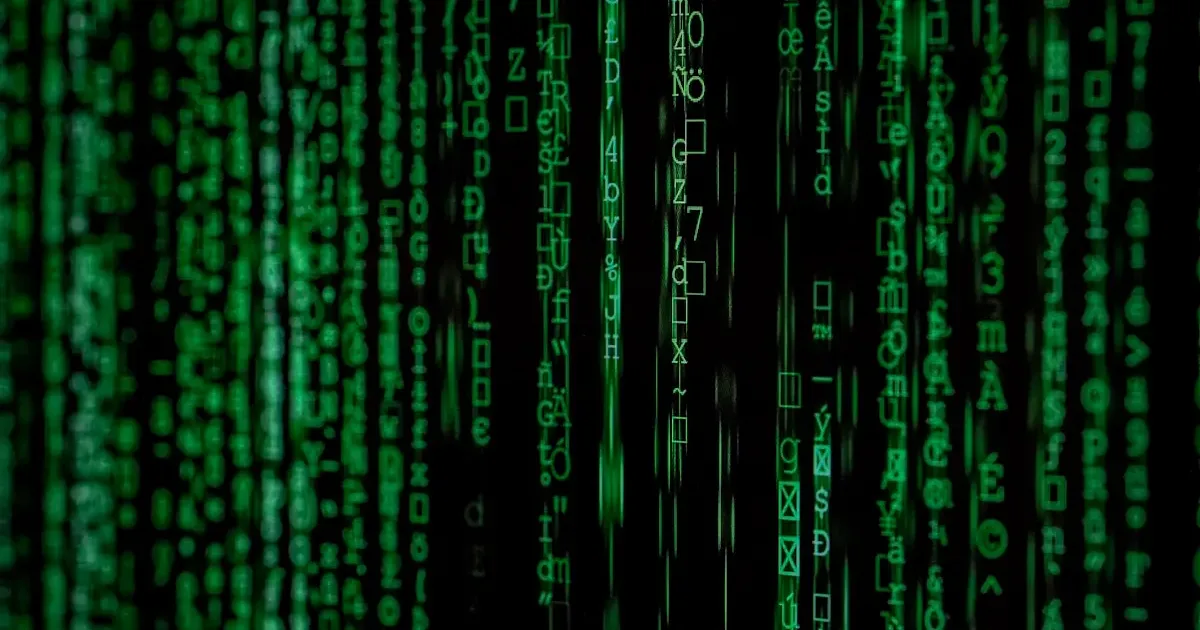 Streams of degrading green data characters representing revenue signal decay under forecast pressure